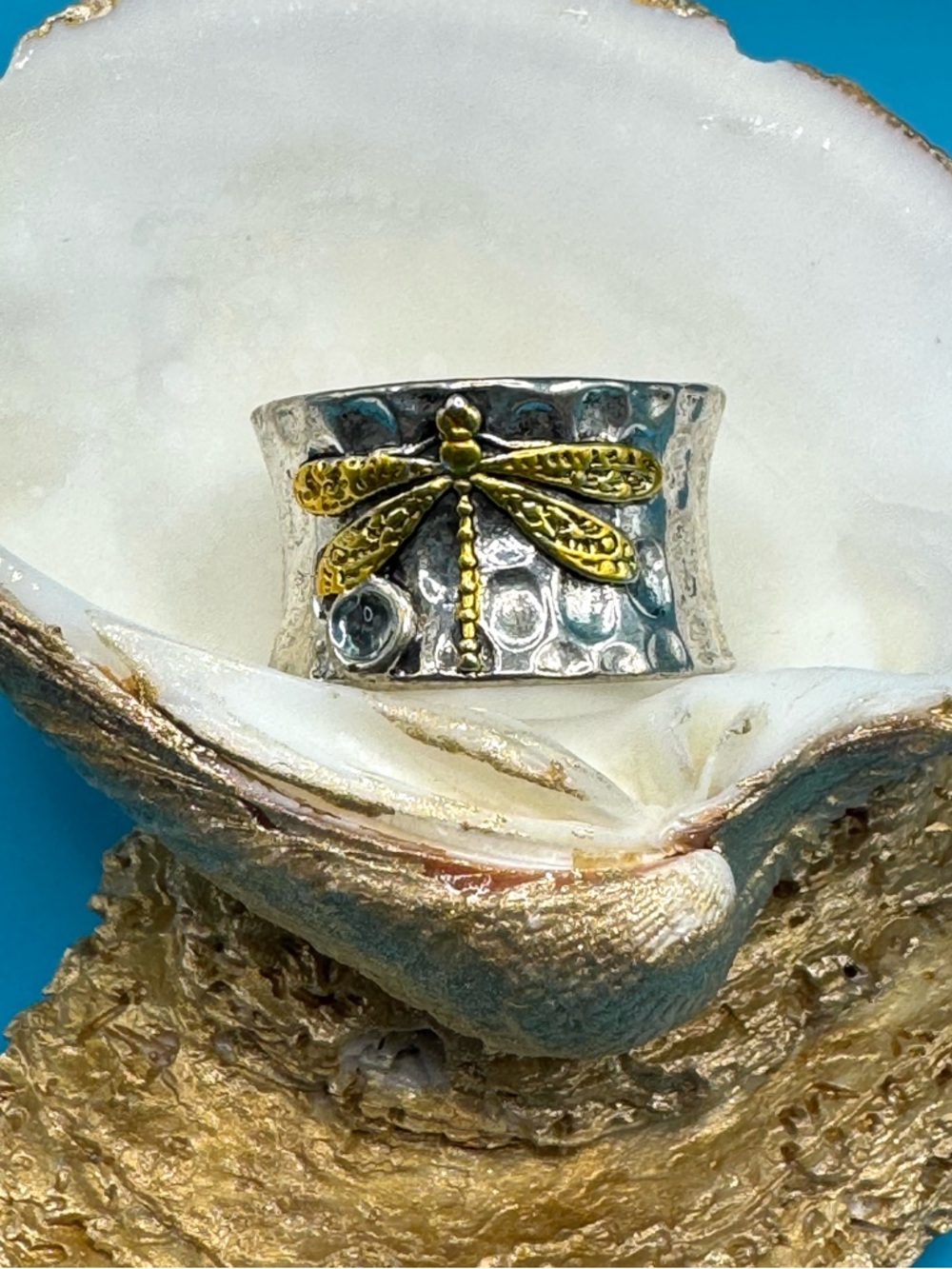 Two-Tone Dragonfly Hammered Sterling Ring - Silver and Gold